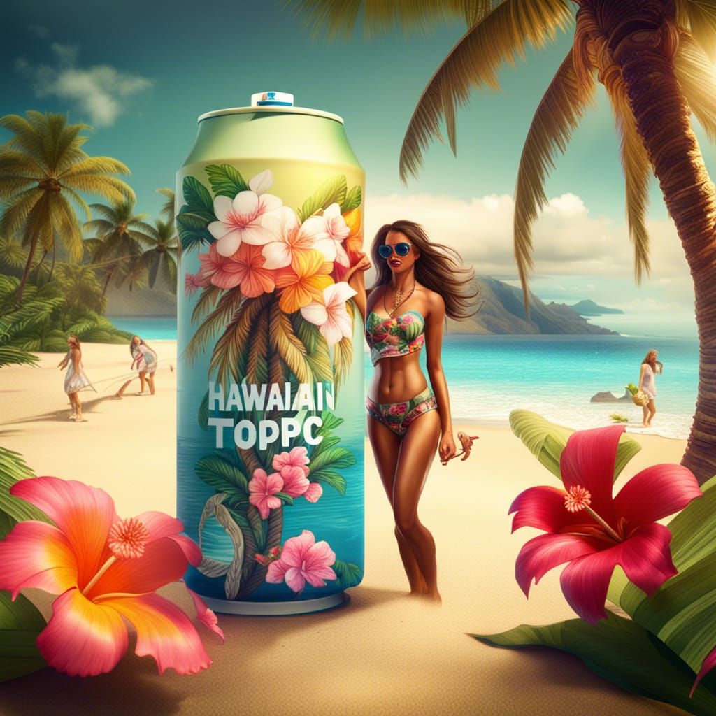 Tropical Hawaiian Beach Scene with Flowers and Palm Trees