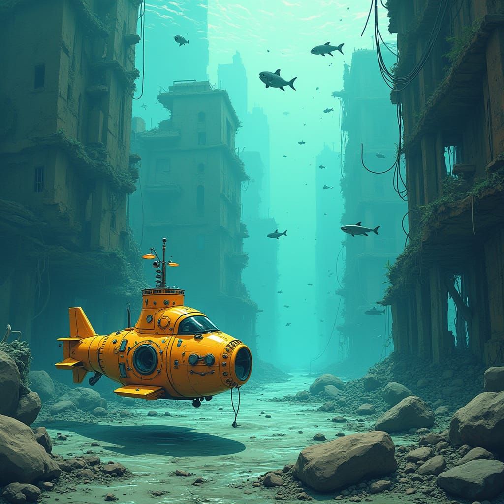 Flooded Futuristic City Ruins Explored by Submarine