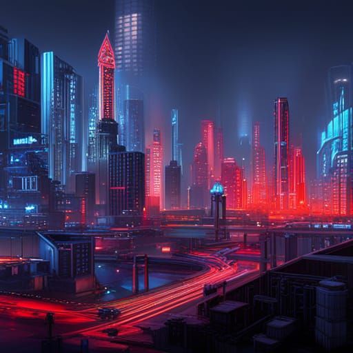 Neon Cyberpunk Cityscape in Grayscale and Red