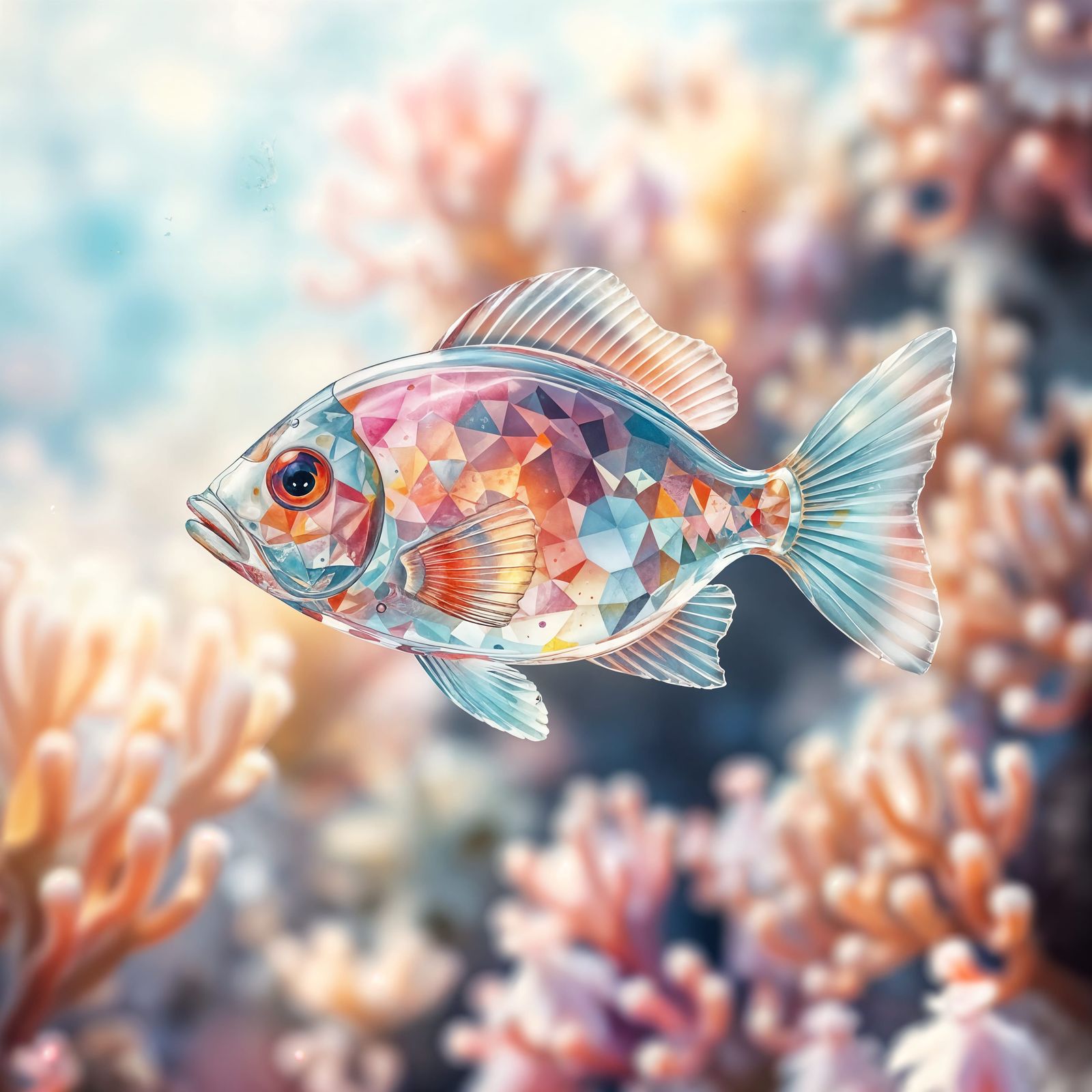 Glass Fish Swimming in Coral Reef Watercolor