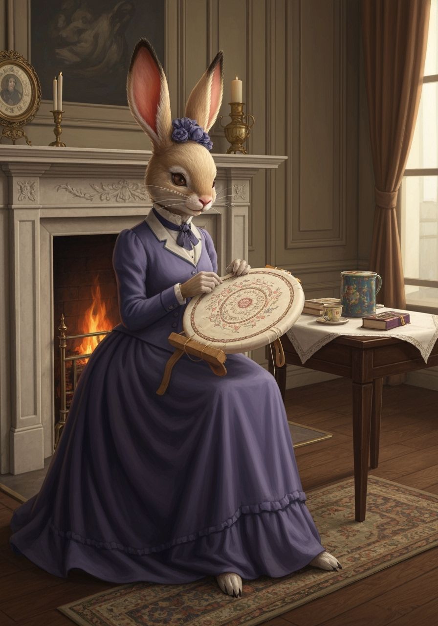Victorian Rabbit Sewing by Fireplace in London Mansion