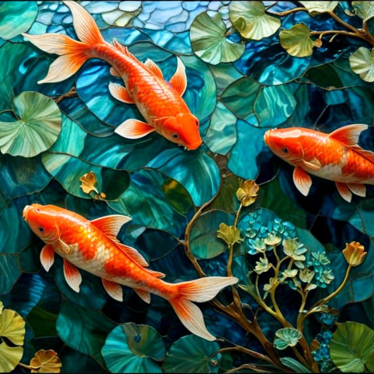 Abstract. Koi carps. Deep color. green and turquoise. art Nouveau. Stained glass.