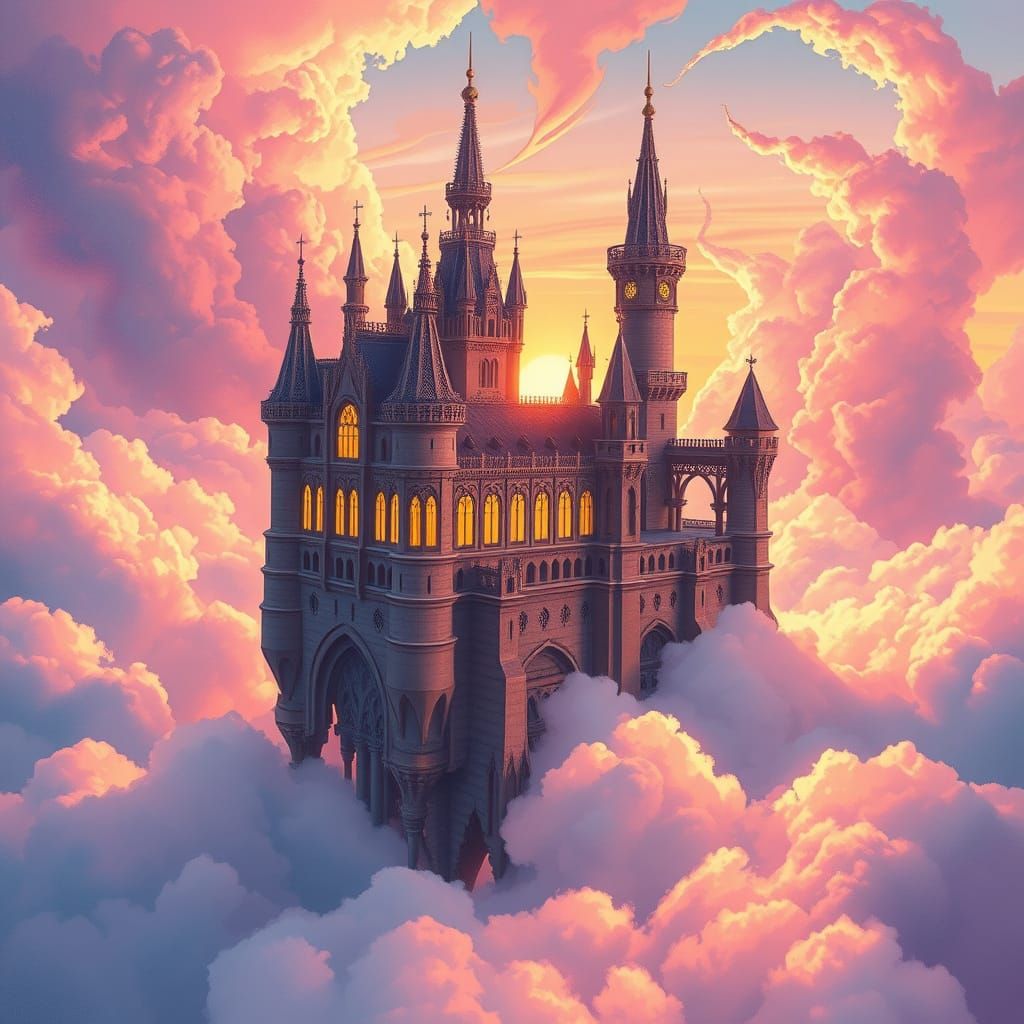 Floating Castle at Sunset in Vibrant Watercolor Style