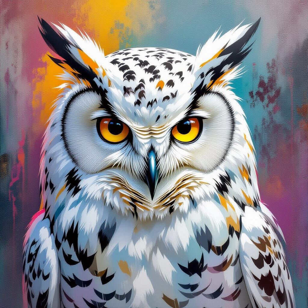 Majestic White Owl with Piercing Gaze in Grungy Style