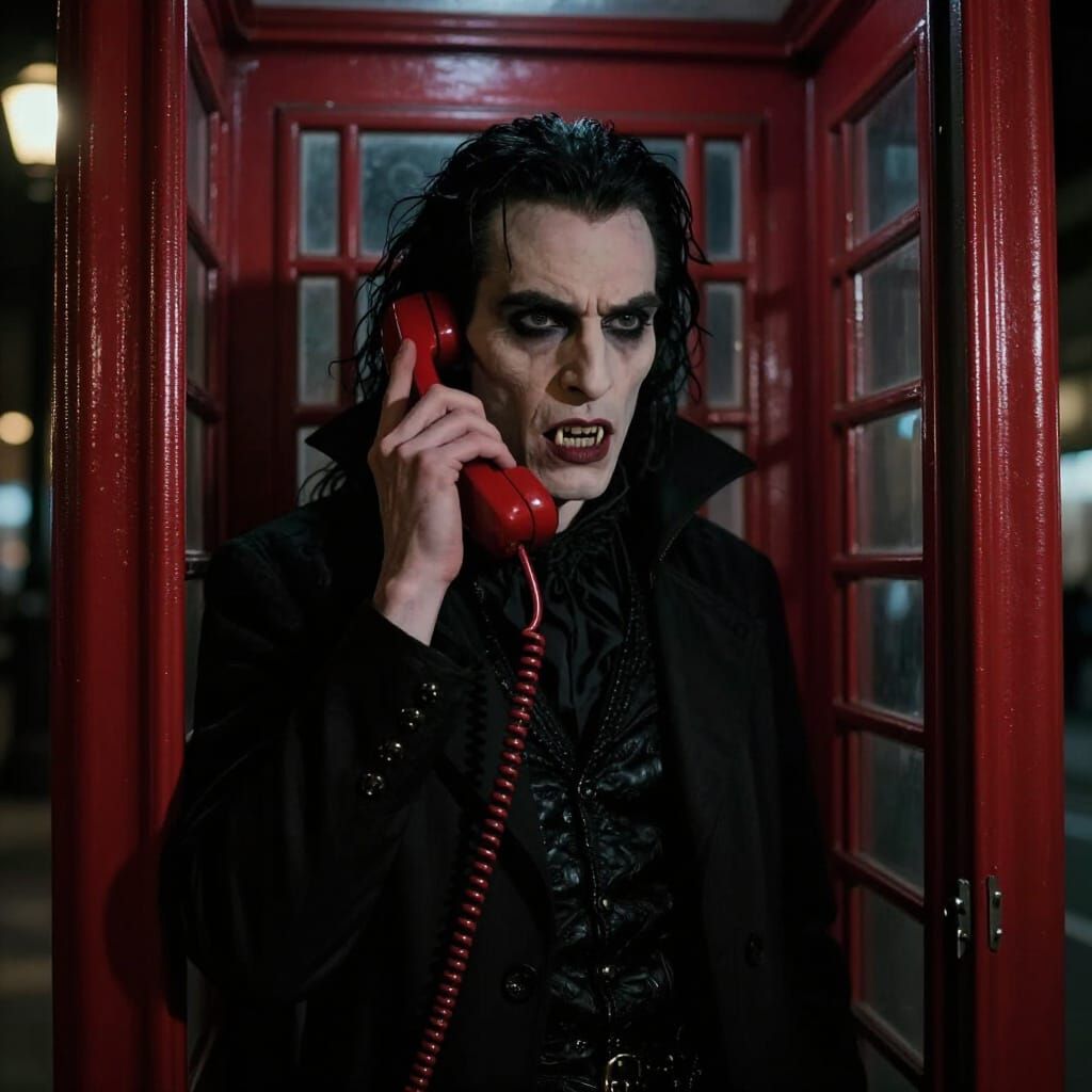 Gothic Vampire Receives Bad News on Red Phone