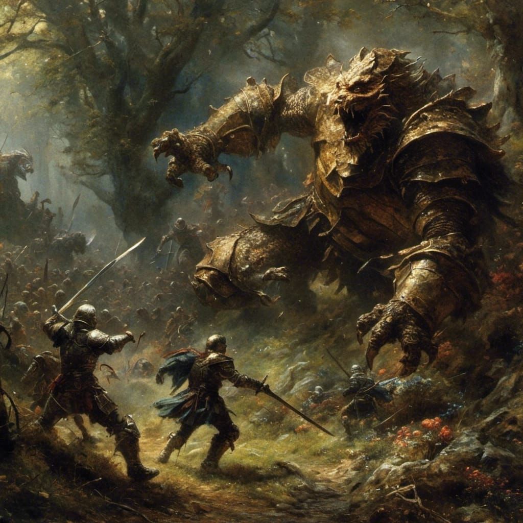 Knight Battles Monster in Light Fantasy Style