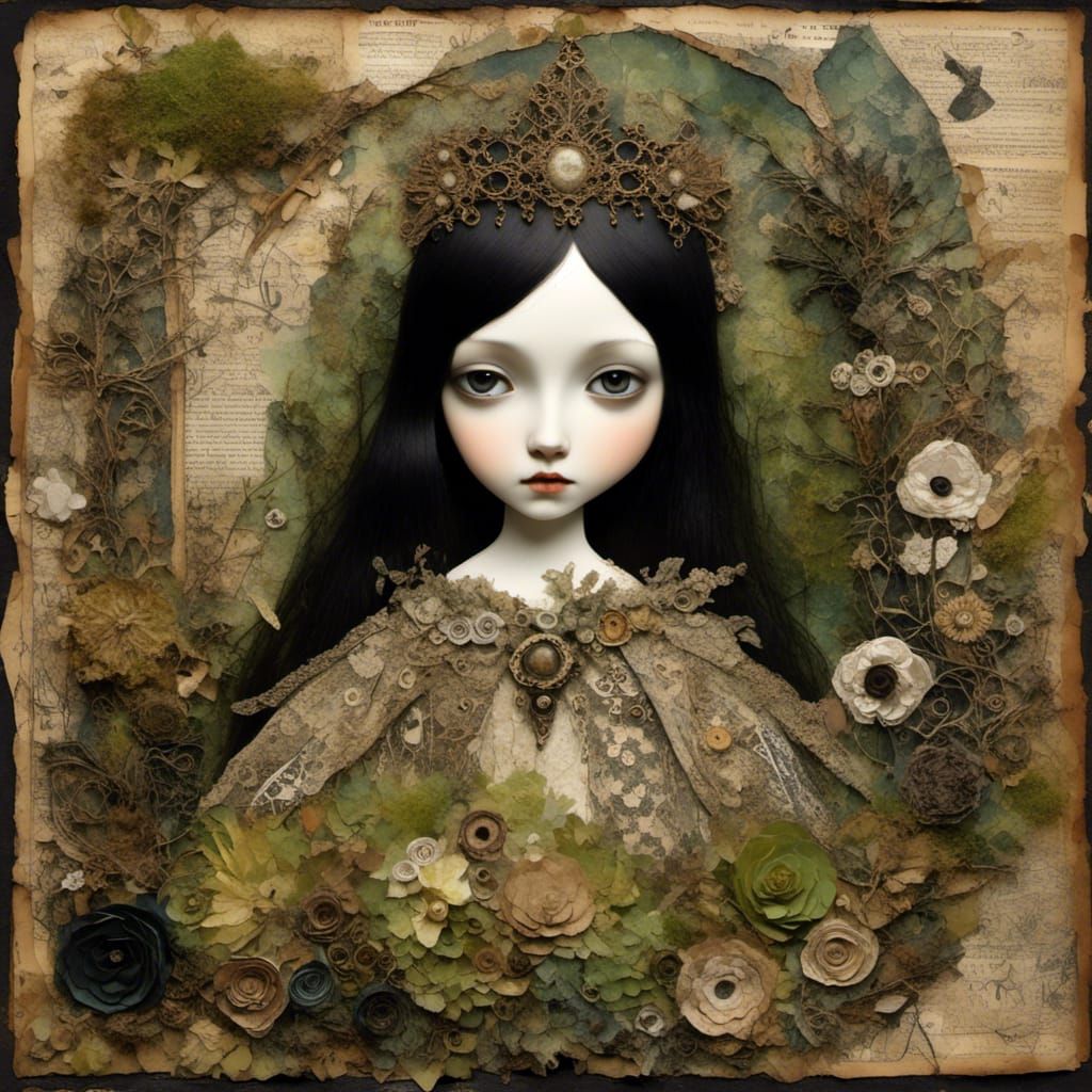 Gothic Moss Princess in Mixed Media Collage