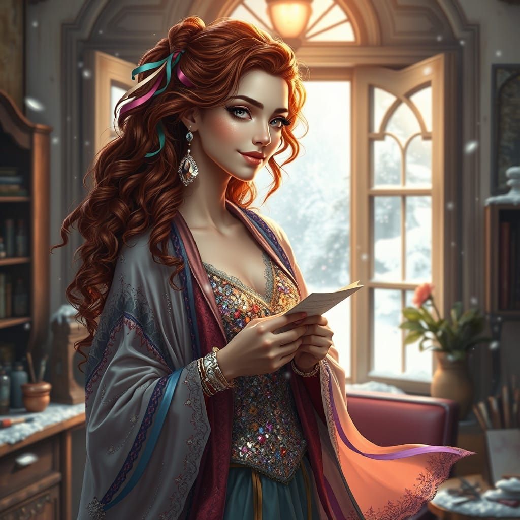 Ethereal Lady in Snowy Room with Dreamy View