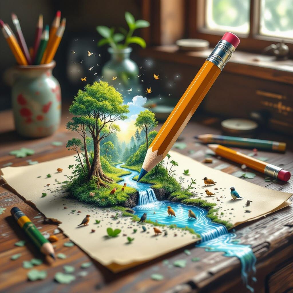 Pencil Transforms into Miniature Rainforest on Desk