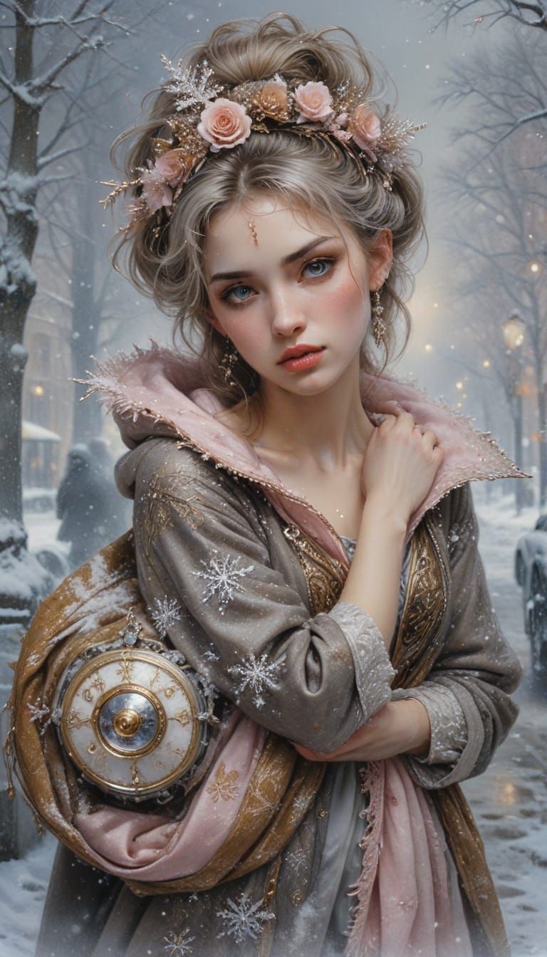 Hyperrealistic Young Woman in Snowy Street, Luis Royo Style
