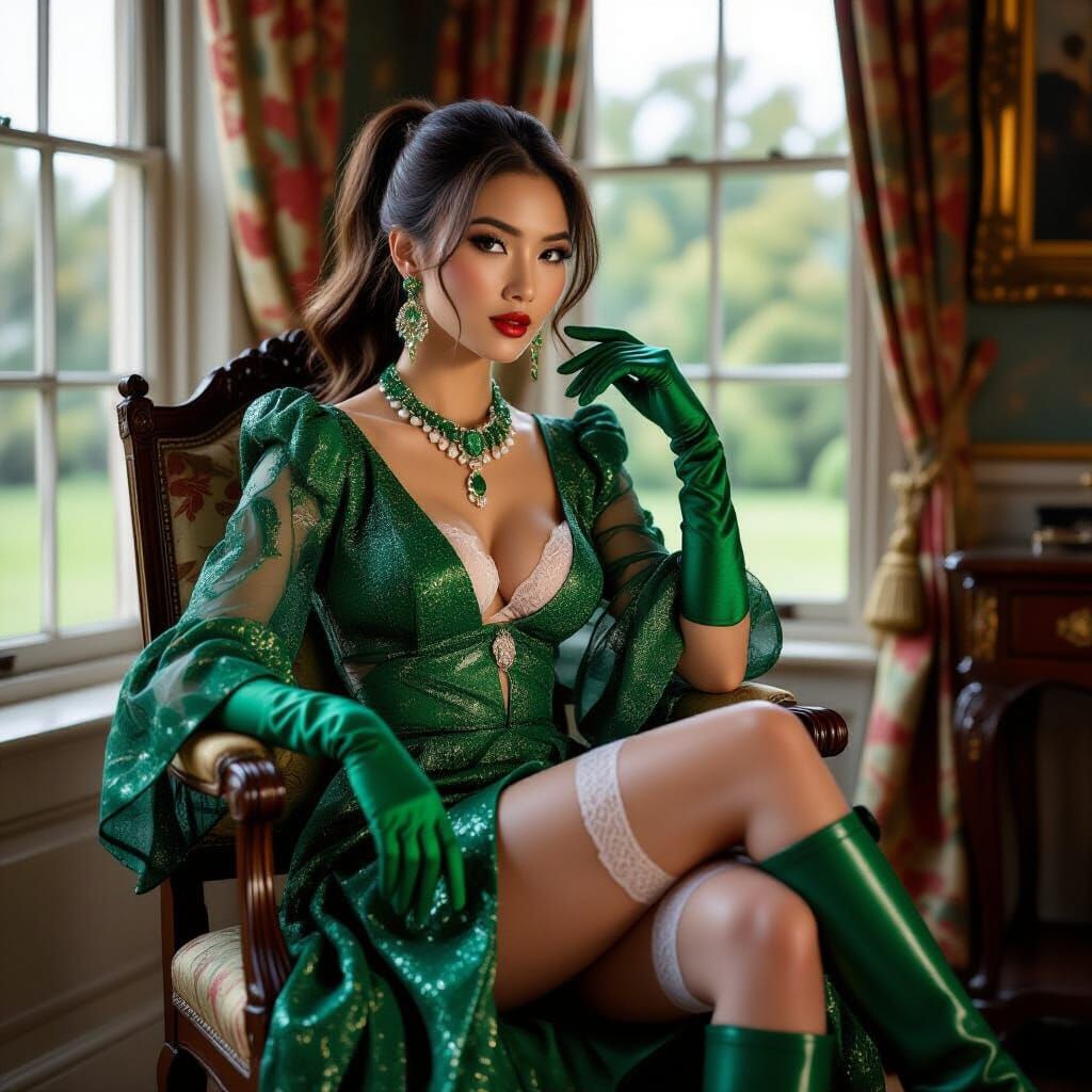 Elegant Woman in Castle Room: A Realistic Oil Painting