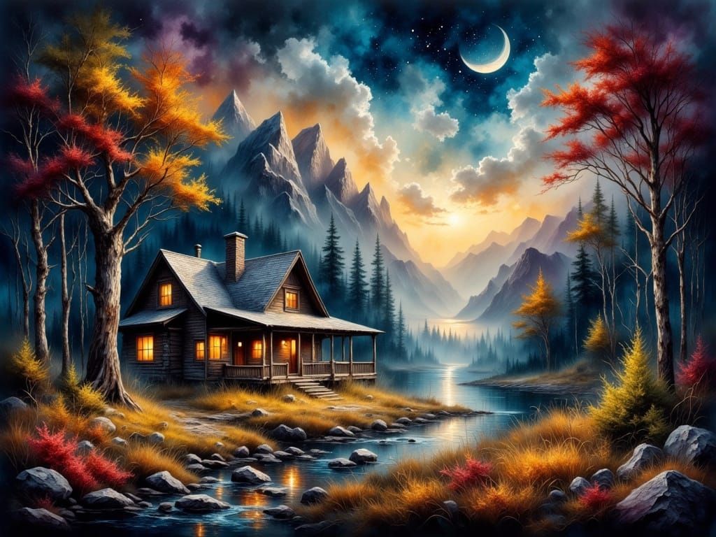 Whimsical Mountain Scene in a Romantic Style