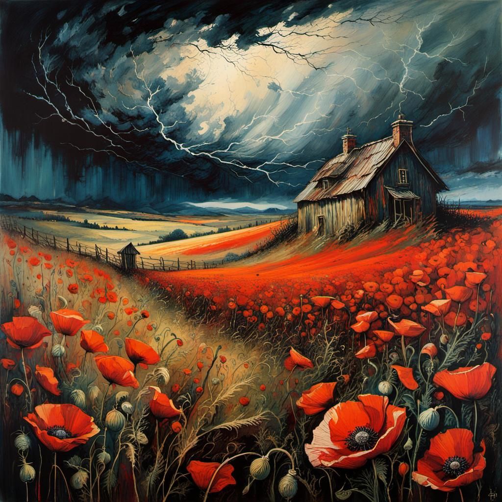 Storm Over Poppy Field in Romanticism Style
