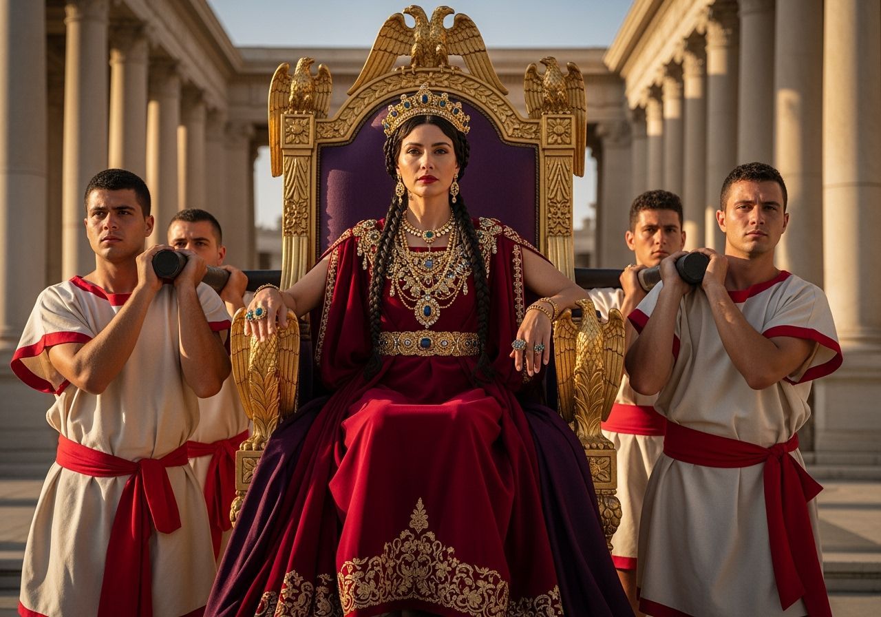 Elegant Roman Empress on Golden Throne: Cinematic Photograph...