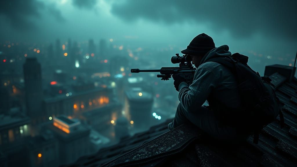 Sniper on Roof in Dark Cinematic HDR