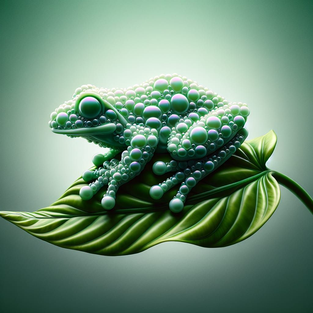 Photorealistic Soap Bubble Frog on Green Leaf