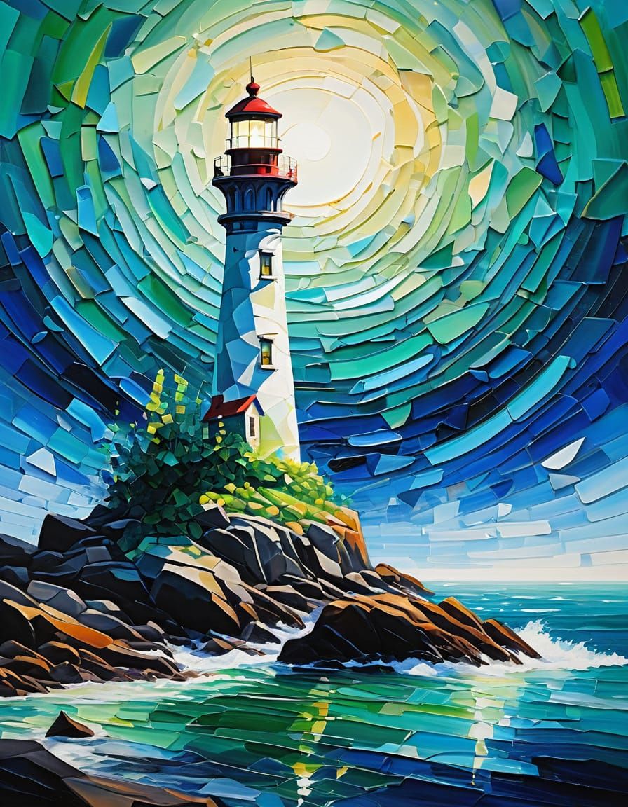 Emerald Cobalt Sea Glass Lighthouse Abstract Art