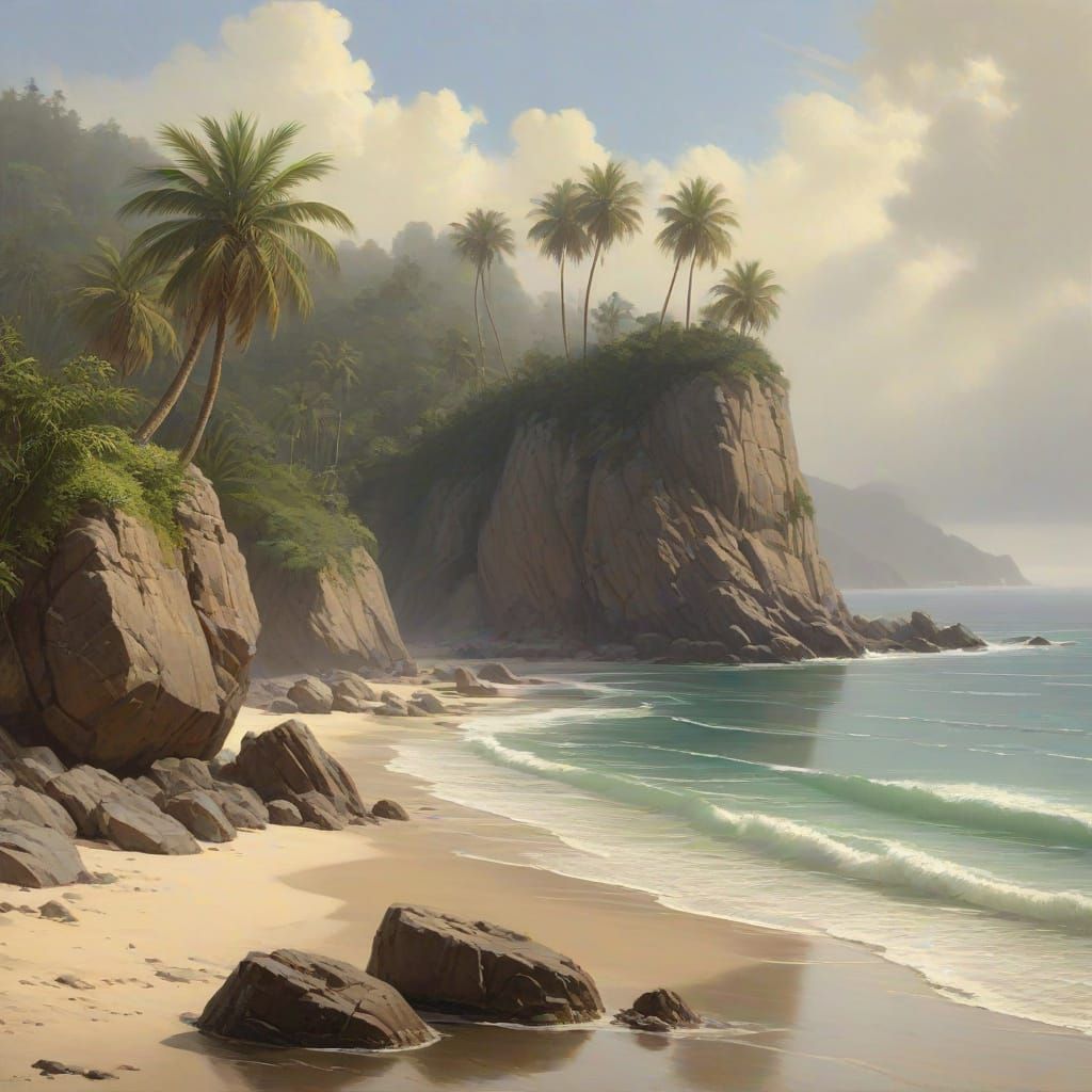 Tranquil Coastal Scene with Palm Trees and Rocky Cliffs