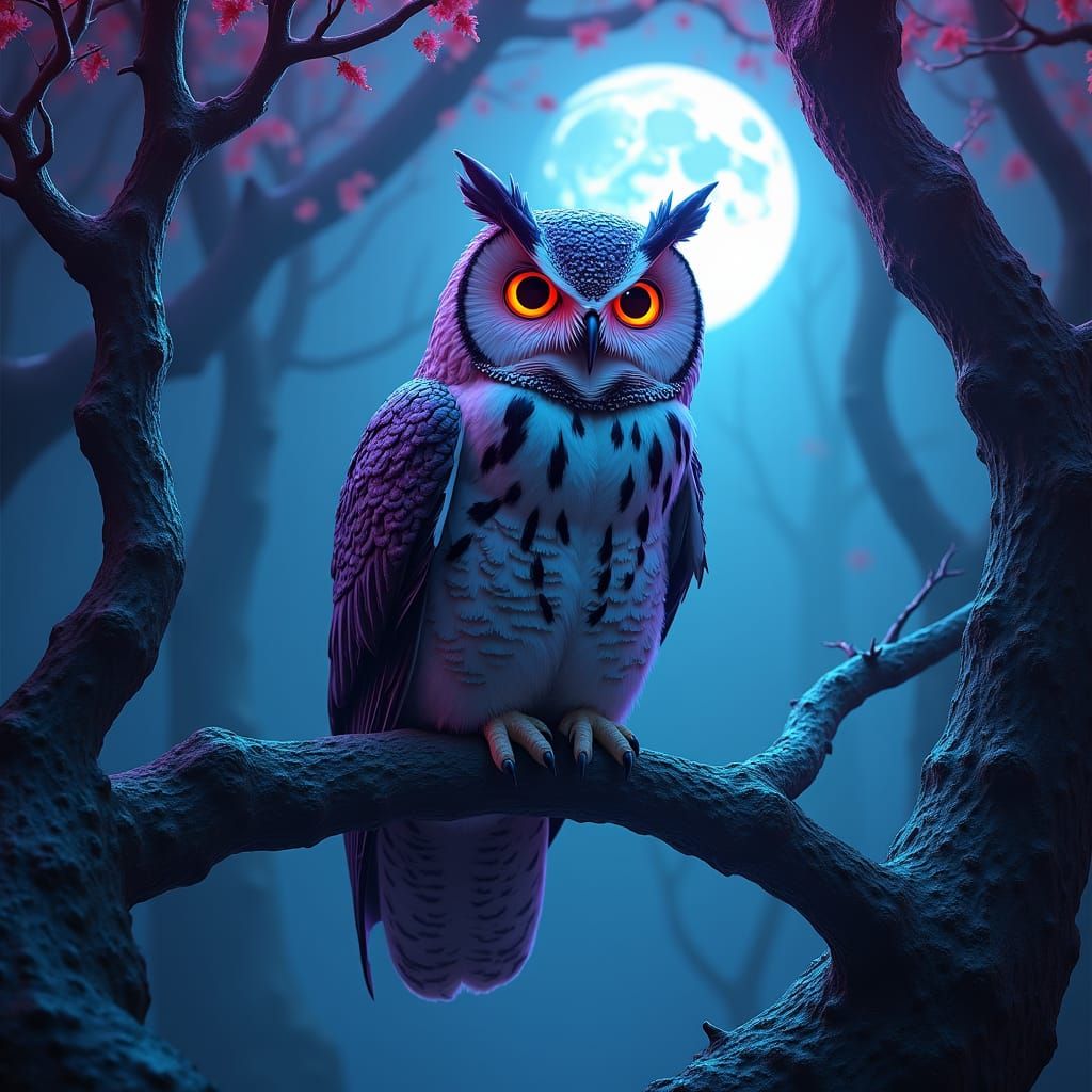 Giant Iridescent Owl Under Neon Moon, Fantasy Art