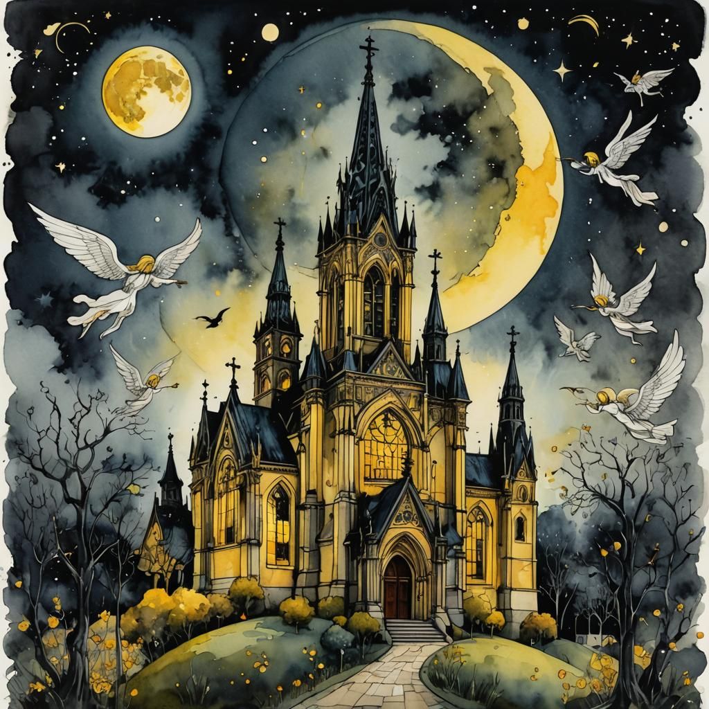 Gothic Church Illustration with Angels in Watercolor Style