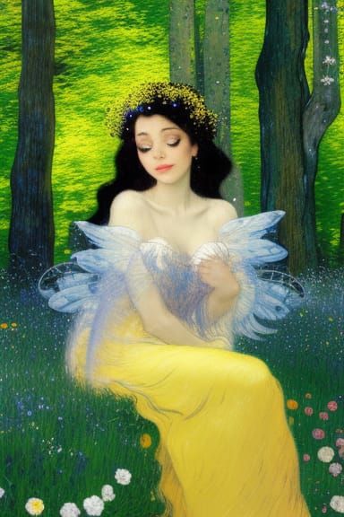 Fairy with Mimosa Chaplet in a Clearing