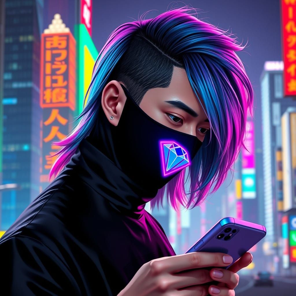 Sleek Japanese Man in Neon Tokyo Cityscape