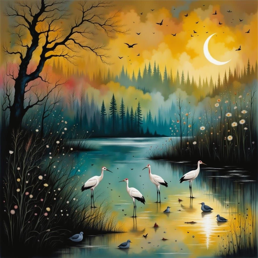 Cranes on Lake Shore in Graphic Novel Style