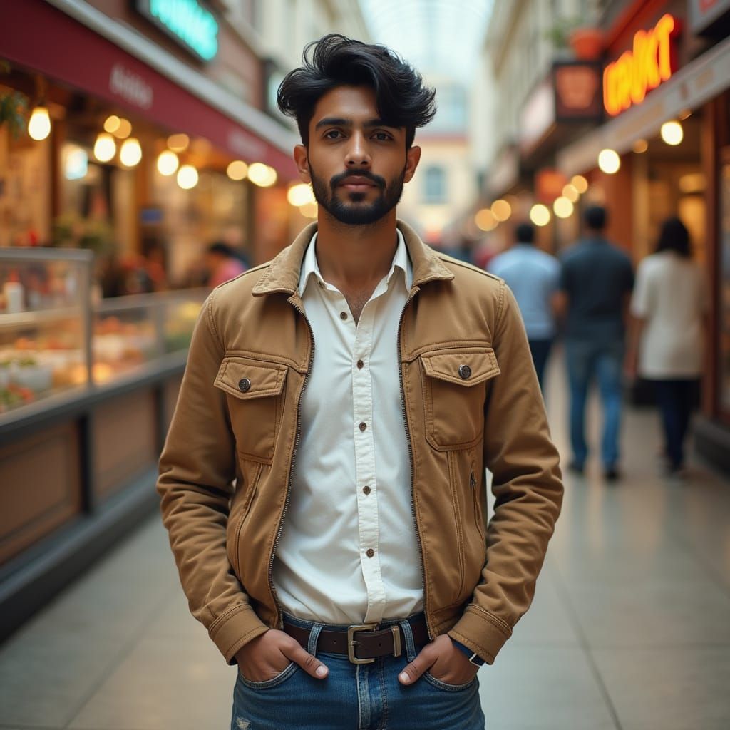 Indian Man at Mall Food Court: Photorealistic Style