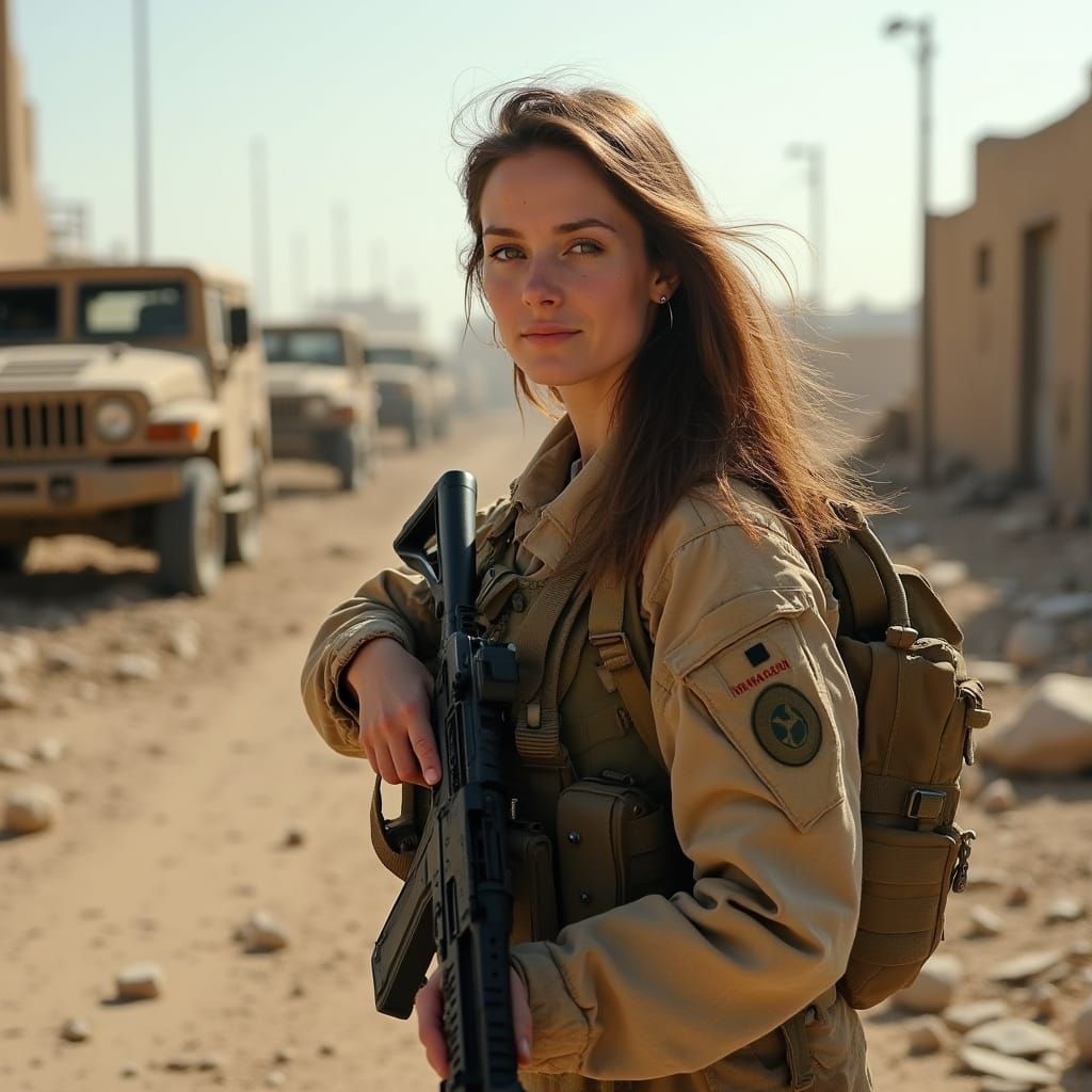 Hyperrealistic Soldier in Battle-Scarred Desert Landscape