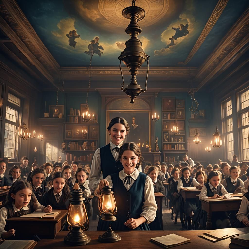Victorian School Classroom with Teacher, Detailed Matte Pain...