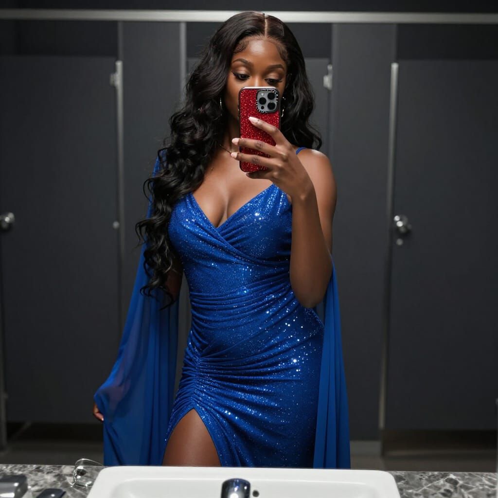 Woman in Sparkly Blue Dress Takes Mirror Selfie