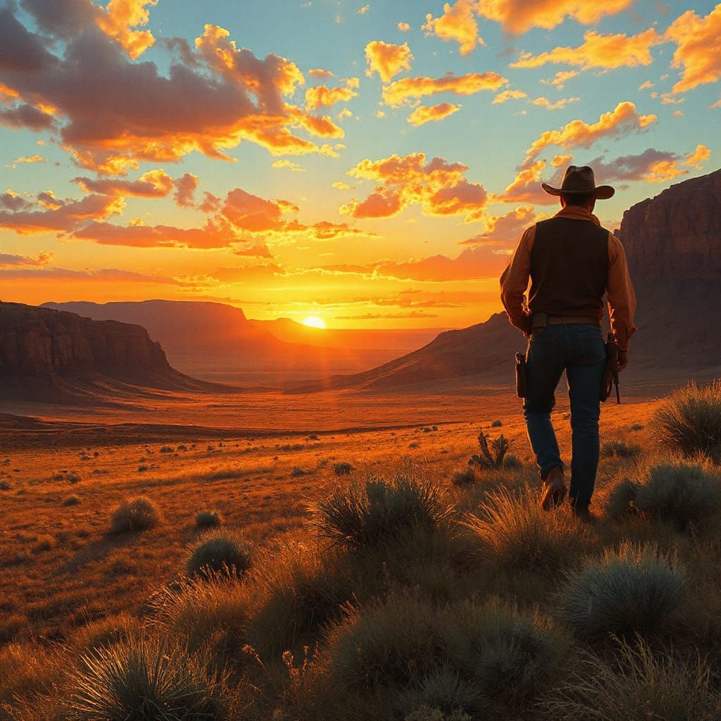 Vibrant Painting of Lawmen Vanishing into Badlands