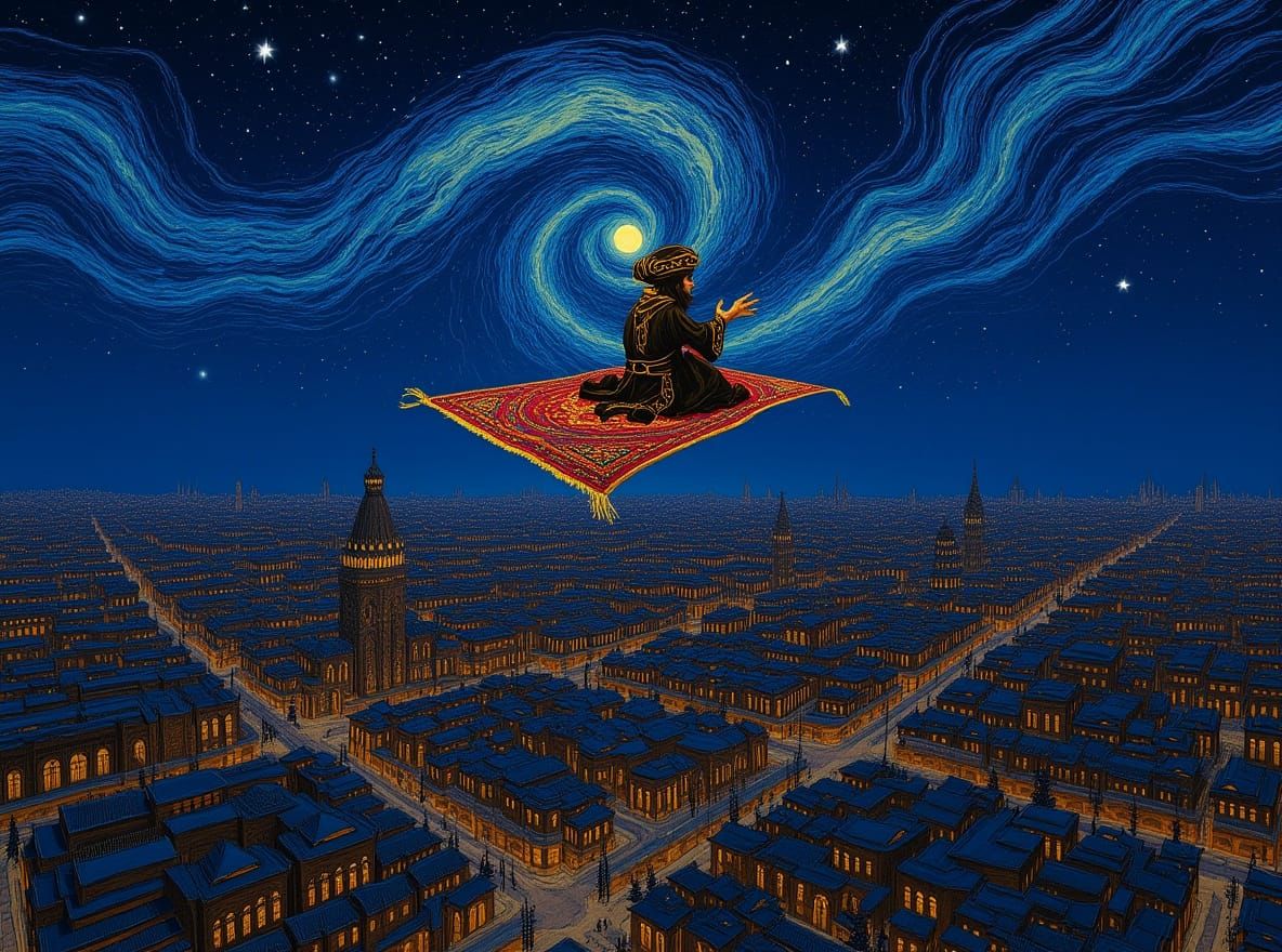Wizard Soaring Over Arabian City at Night