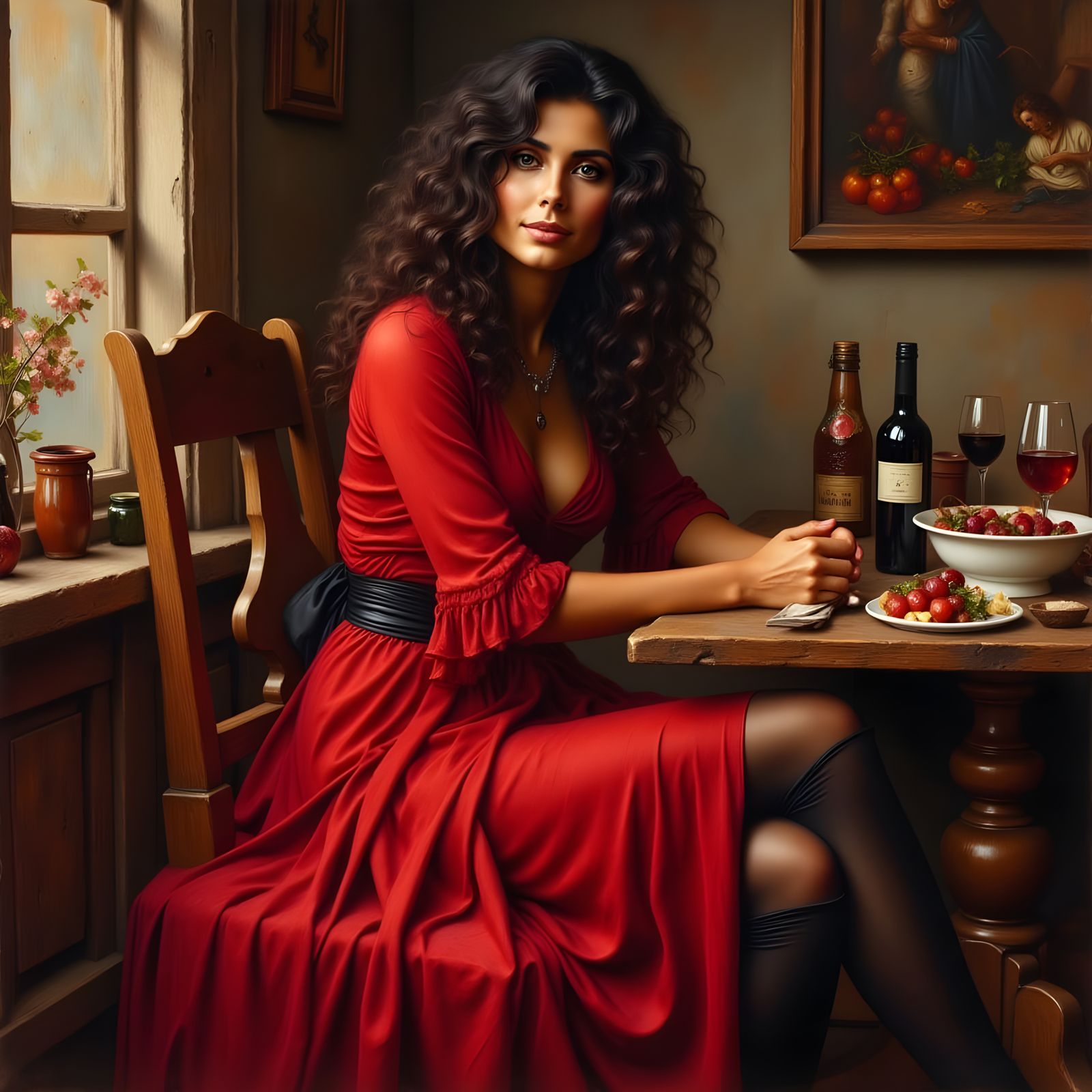 Greek Goddess Enjoying a Salad and Wine in a Romantic Settin...