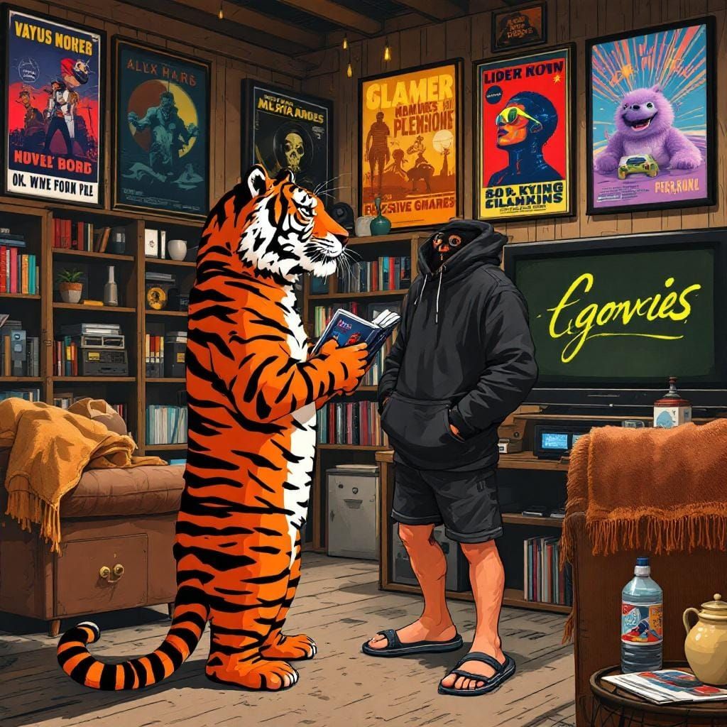Relaxed Tiger Browsing Movies in Surreal Pop Art Style