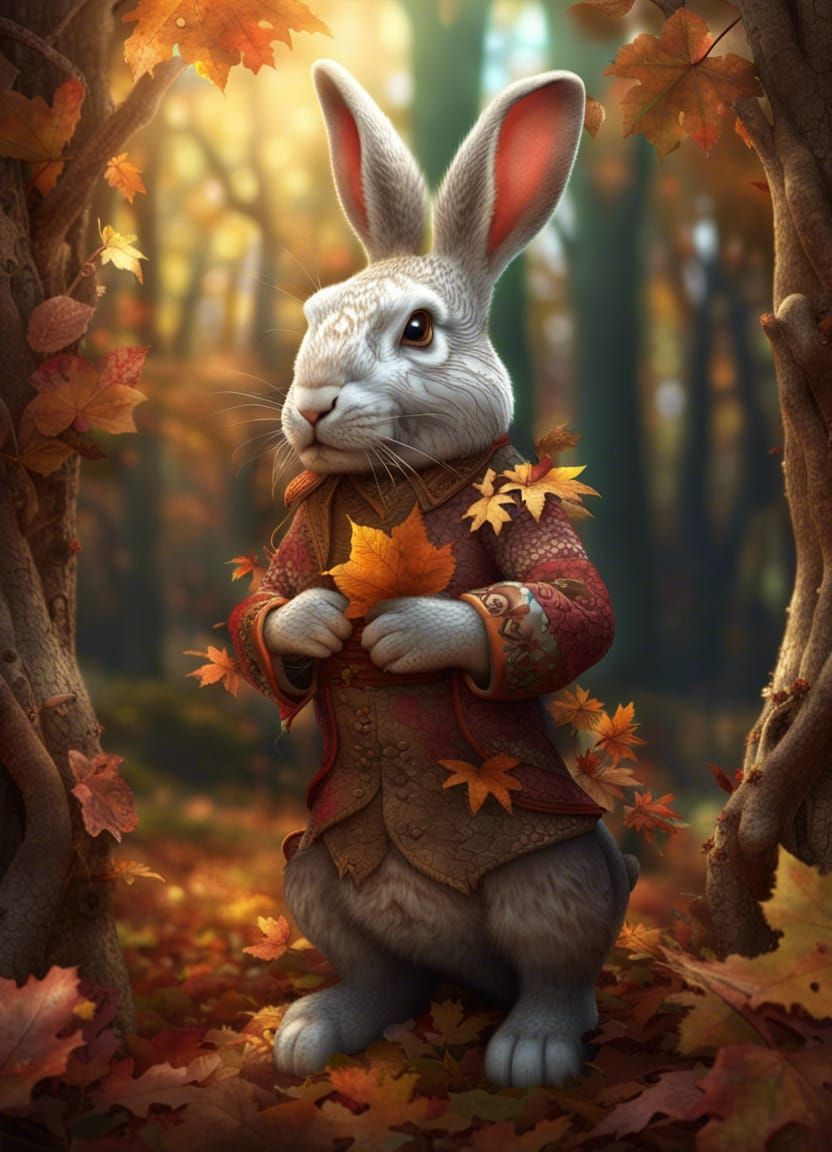 Rabbit with Flower in Autumn Forest: Matte Painting
