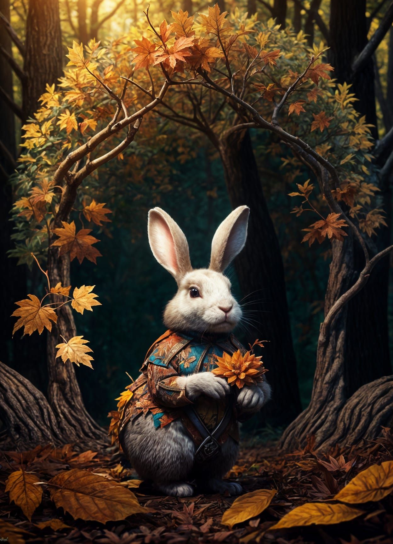 Rabbit Holding Flower in Autumn Forest, Detailed Matte Paint...