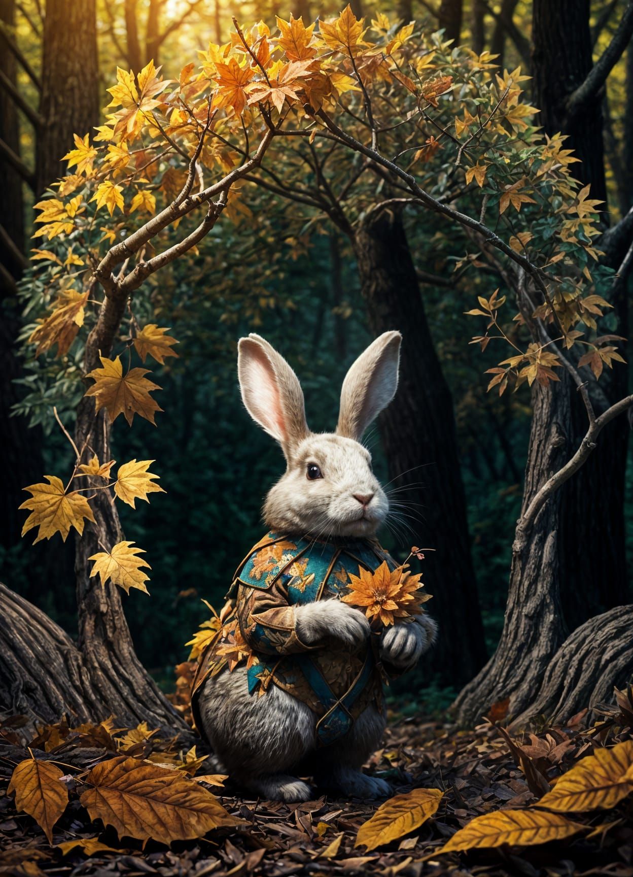 Rabbit Holding Flower in Autumnal Forest