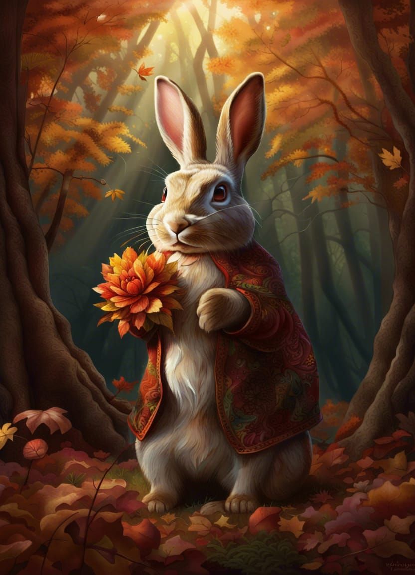 Rabbit in Autumn Forest Holding Flower