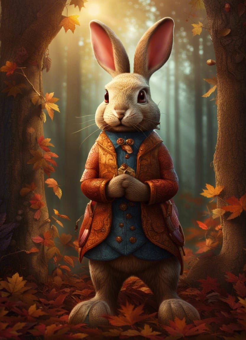 Rabbit Holding Flower in Autumn Forest: Matte Painting
