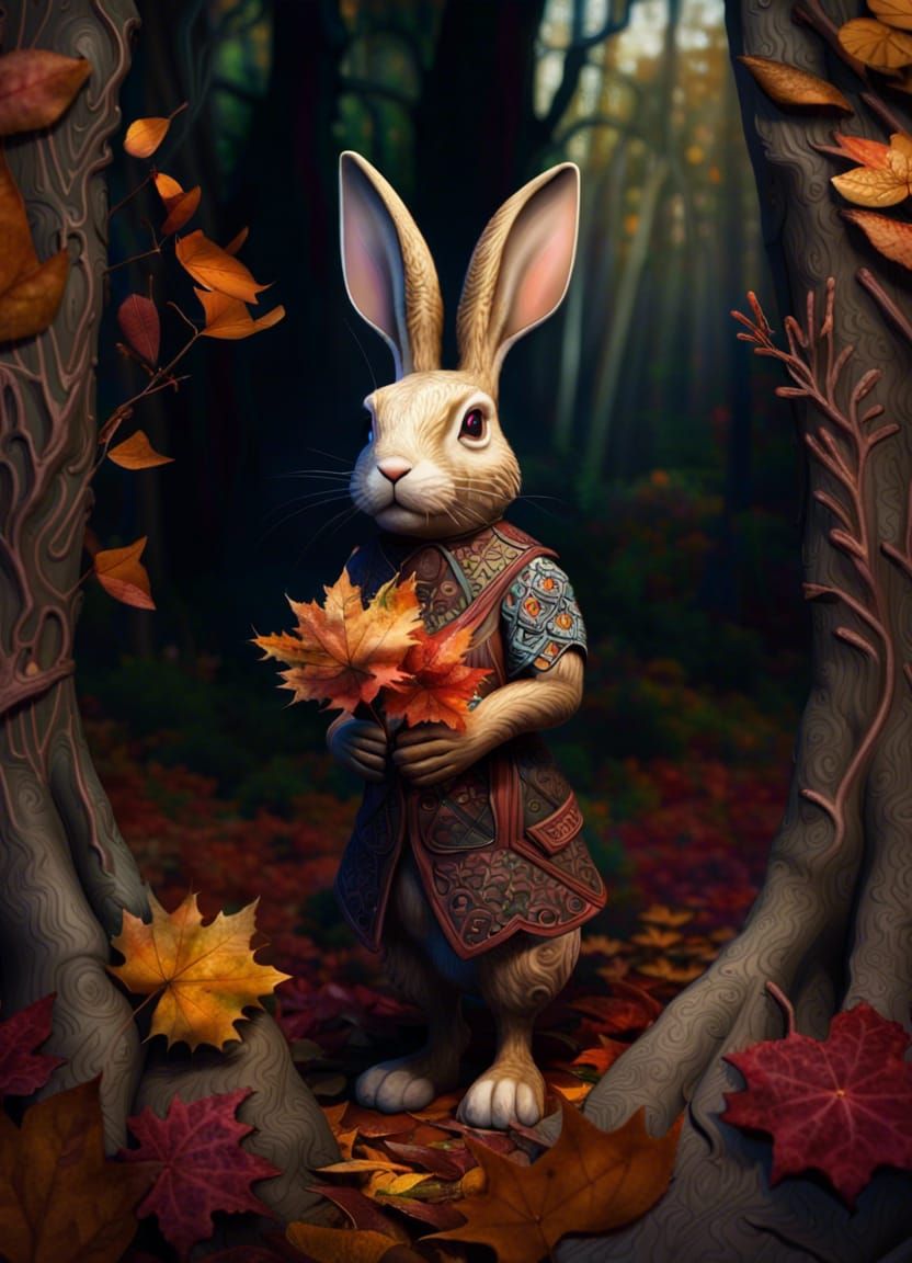 Rabbit Holding Flower in Autumn Forest