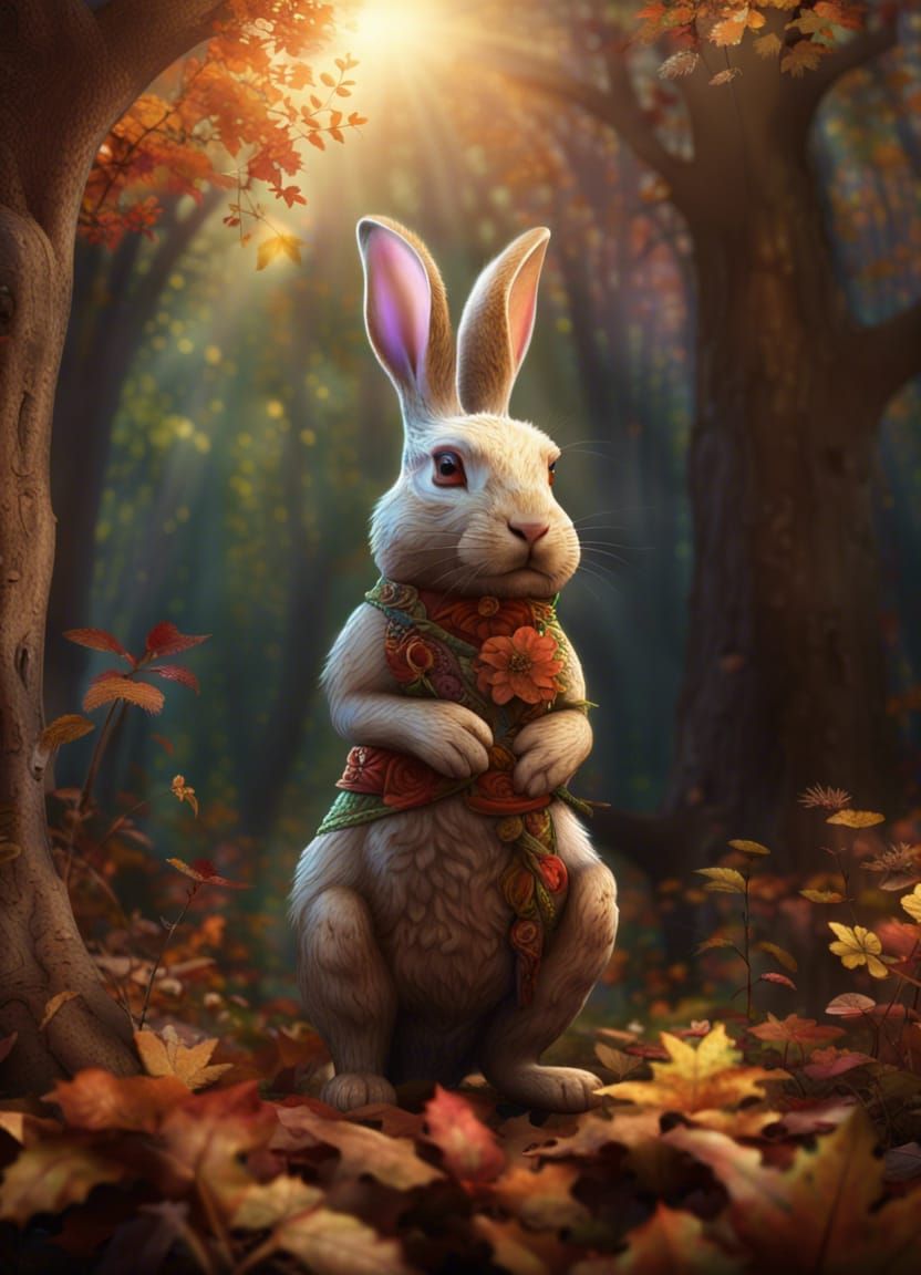 Rabbit Holding Flower in Autumnal Forest, Matte Painting