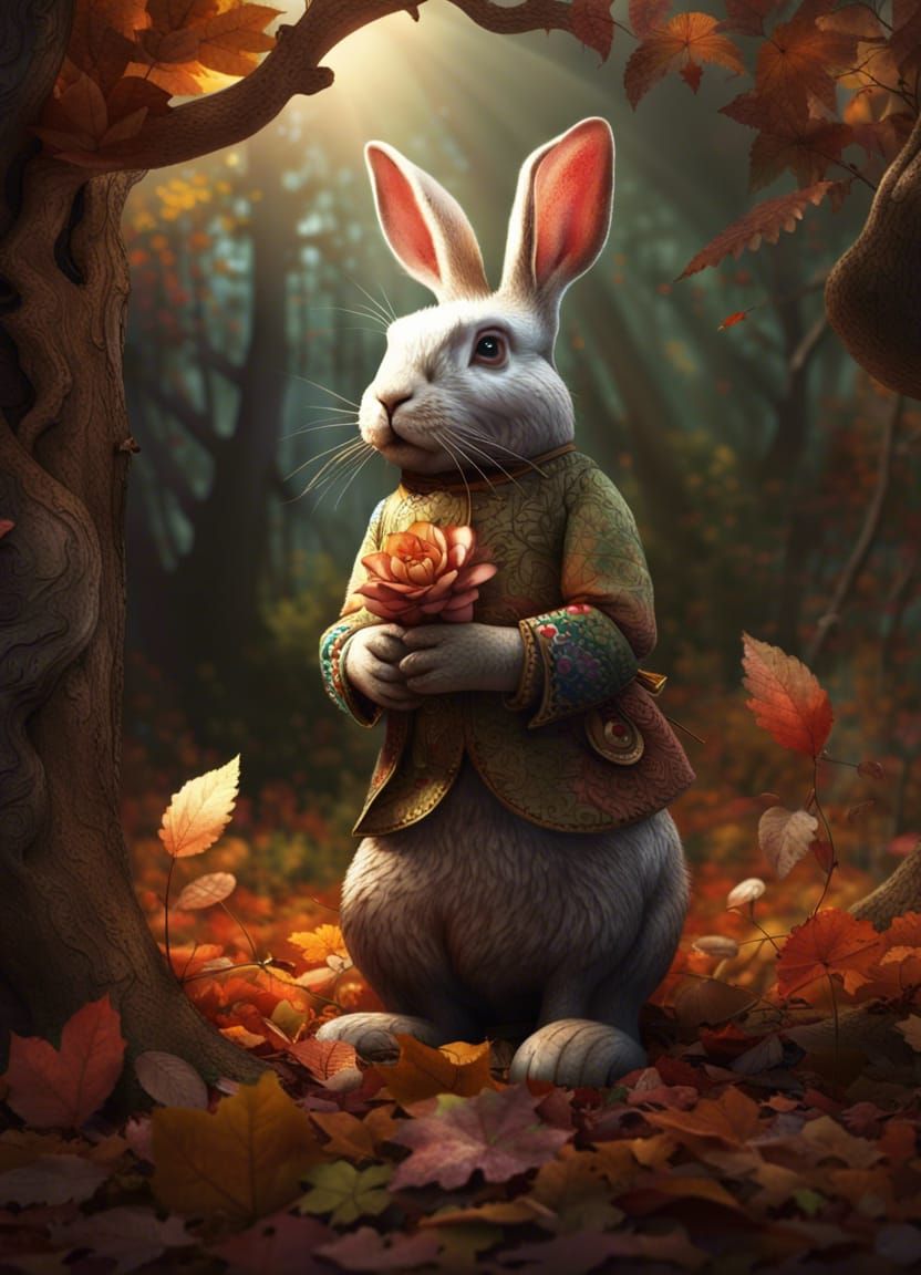 Rabbit in Autumn Forest Holding Flower, Matte Painting