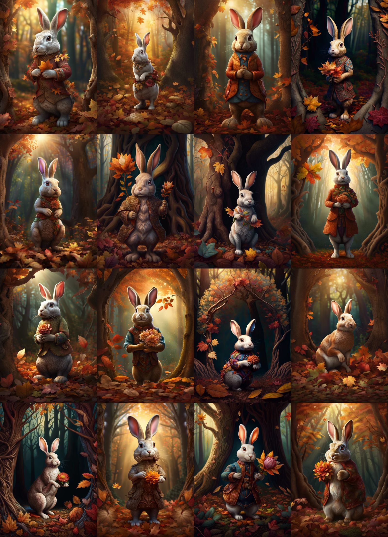 Rabbit Holding Flower in Autumnal Forest