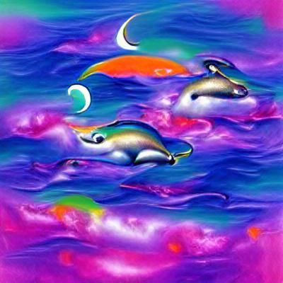 Rainbow Dolphins Leaping Before the Moon
