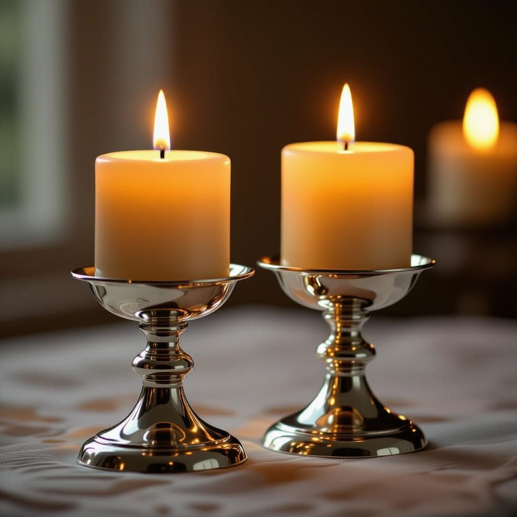 Silver Candlesticks with Burning Candles, Hyperrealistic Sty...
