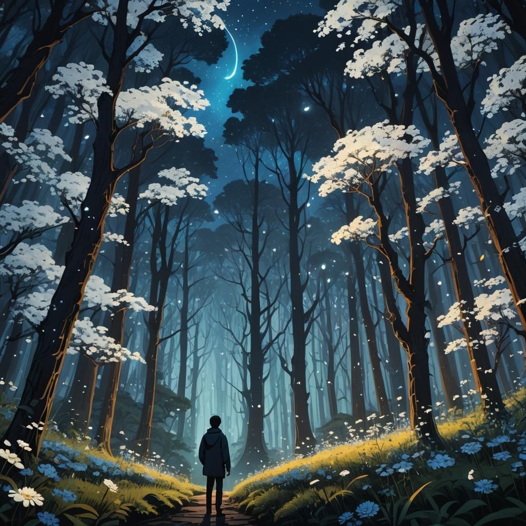Eerie Night Forest with Glowing Flora, Digital Matte Paintin...