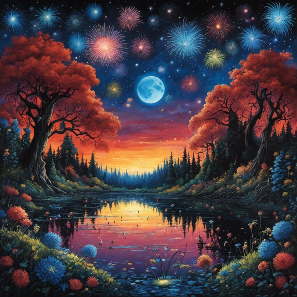 Gothic Forest Lake with Fireworks in Burton Style