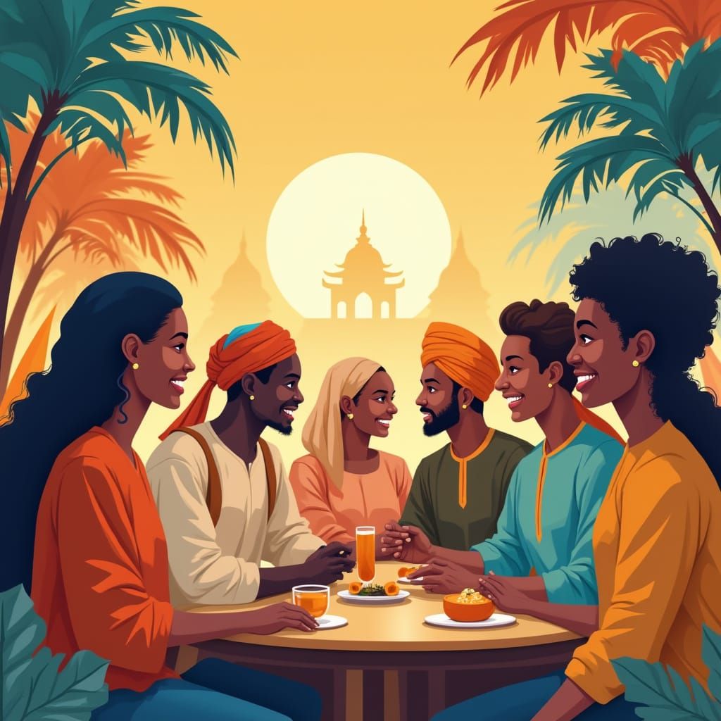 Diverse Cultures Connect in Lively Conversation Illustration