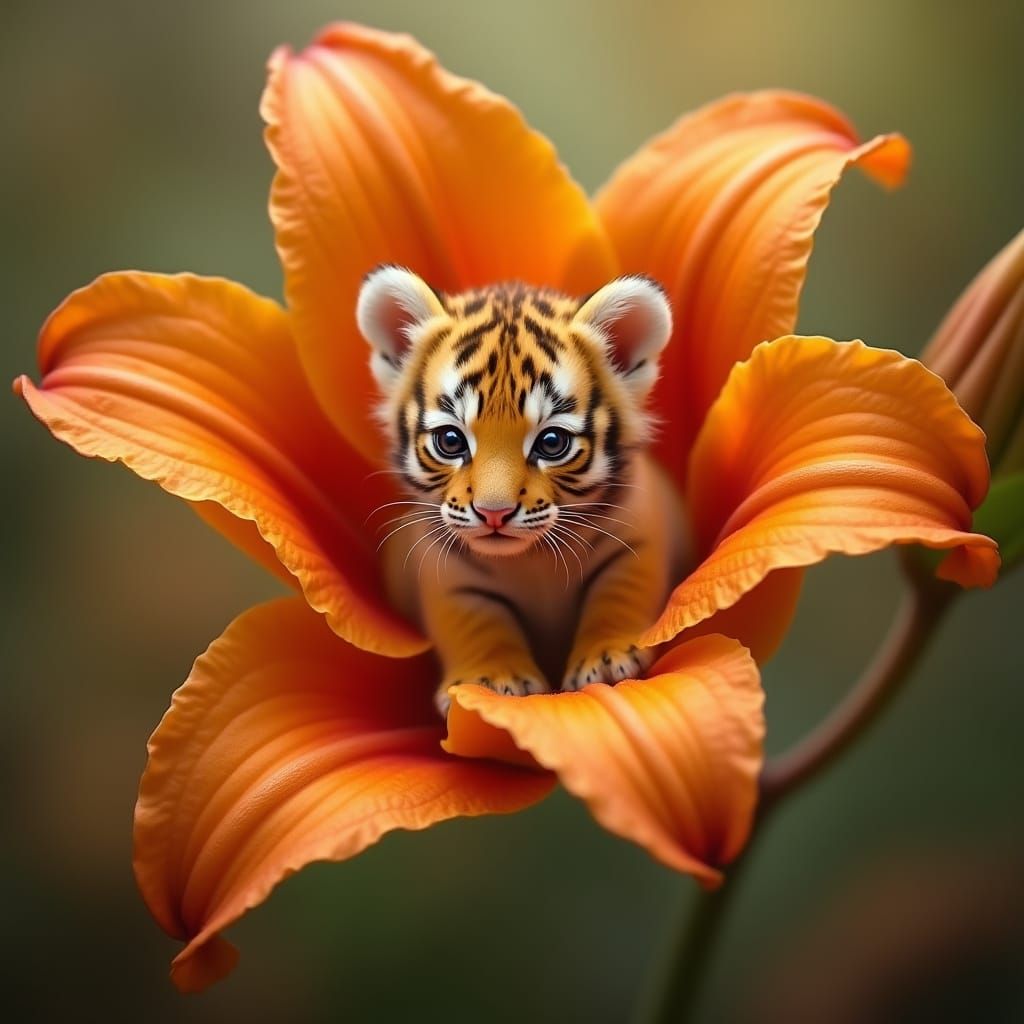Vibrant Tigerlily in Bloom with Adorable Baby Tiger